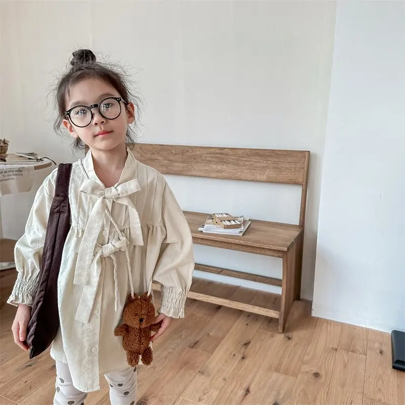 【80-130cm】春新作 リボン デザイン ルーズ シャツ