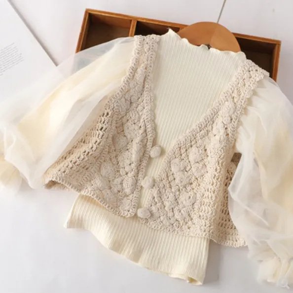 【90-130】3色目立つ韓国こども服ニットパフスリーブ女の子トップス
