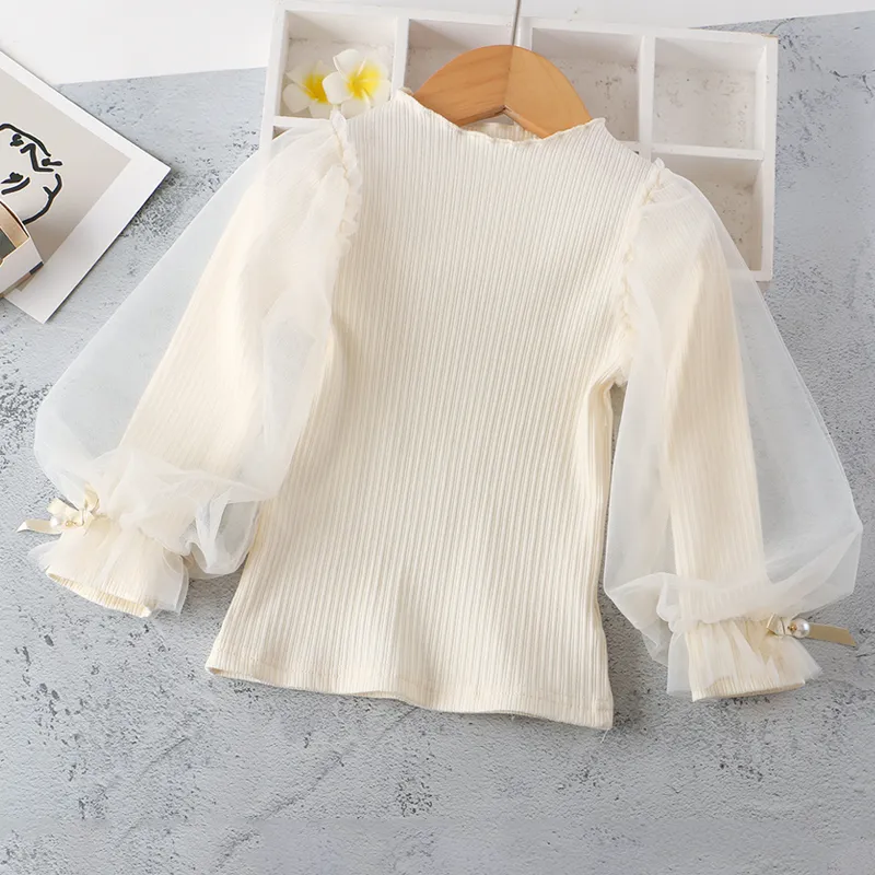 【90-130】3色目立つ韓国こども服ニットパフスリーブ女の子トップス