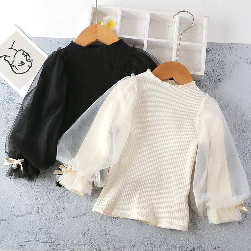 【90-130】3色目立つ韓国こども服ニットパフスリーブ女の子トップス