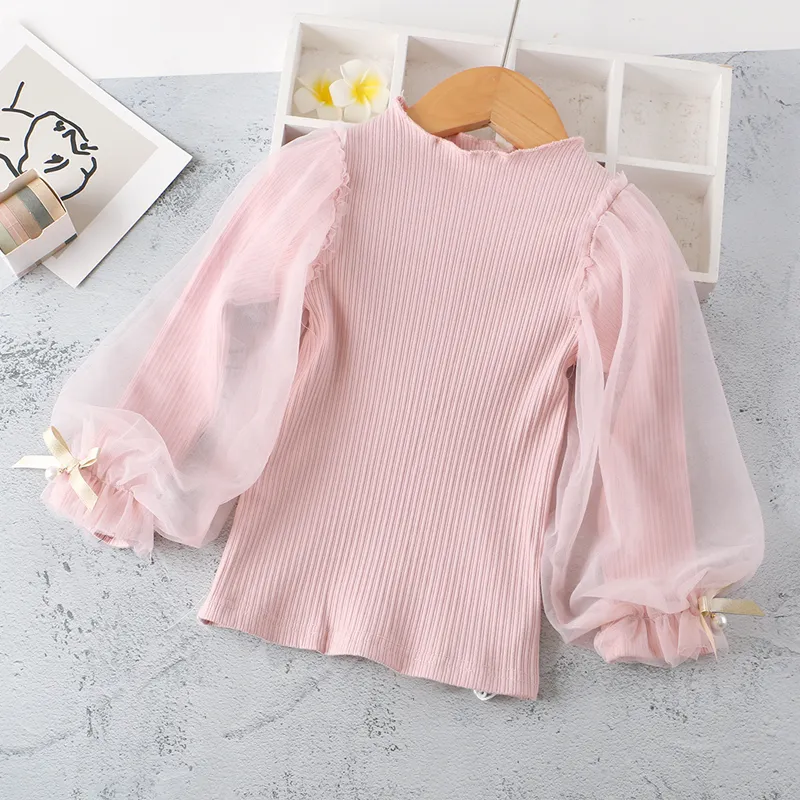 【90-130】3色目立つ韓国こども服ニットパフスリーブ女の子トップス
