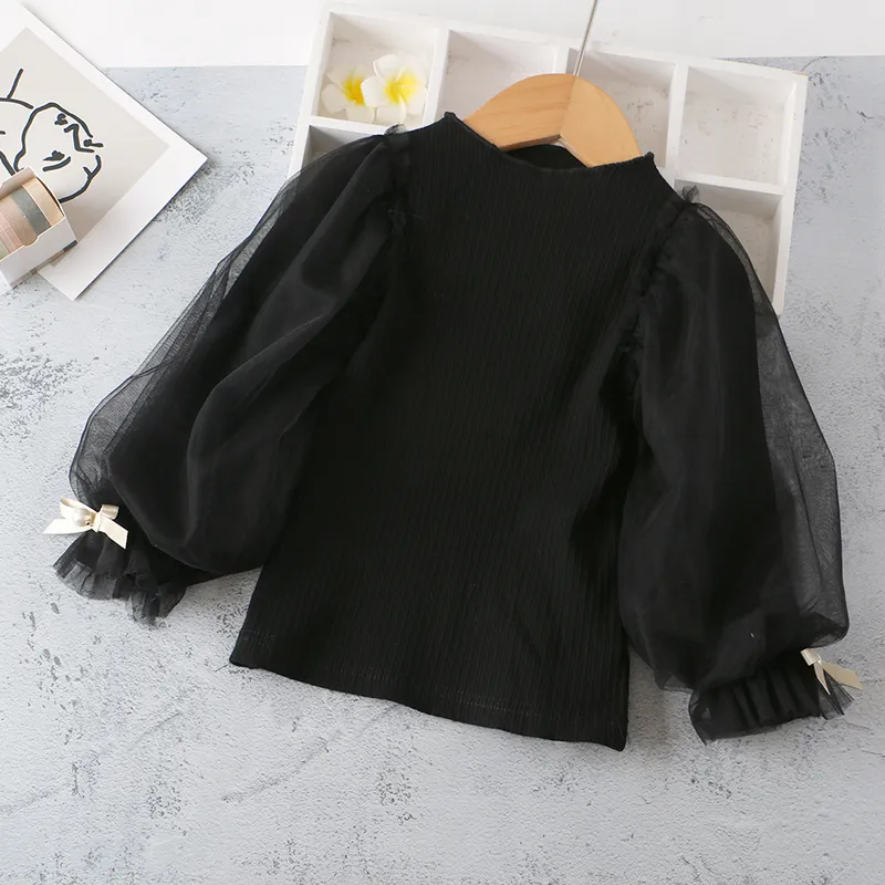 【90-130】3色目立つ韓国こども服ニットパフスリーブ女の子トップス