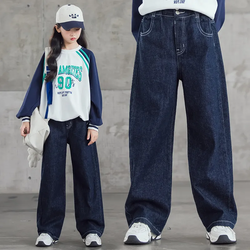 【120-170】韓国風ファッション 無地ロング丈女の子デニムパンツ