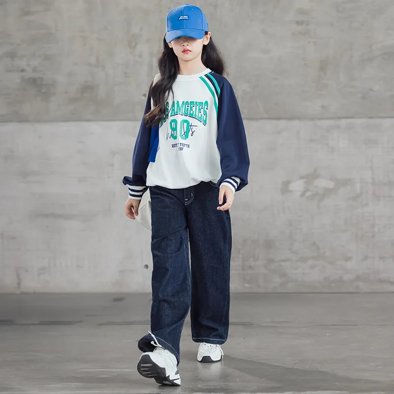 【120-170】韓国風ファッション 無地ロング丈女の子デニムパンツ