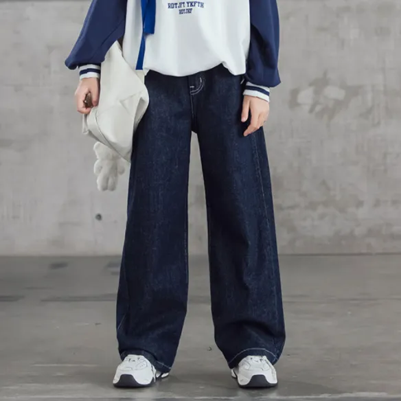 【120-170】韓国風ファッション 無地ロング丈女の子デニムパンツ