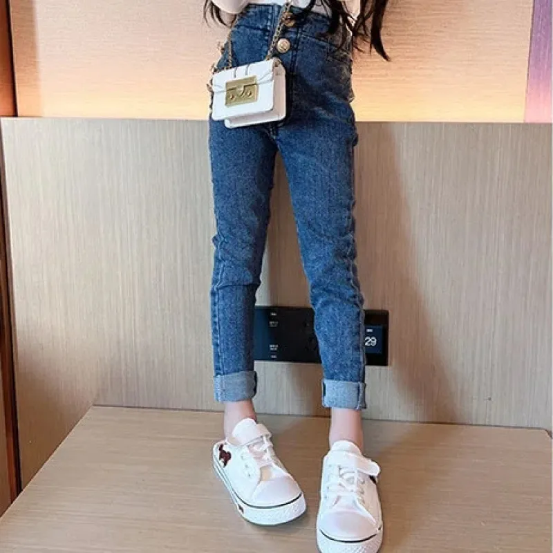 【110-150】韓国系 無地 デニム ジーンズ 伸縮性 ボタン 春秋 子供服 キッズ ジュニア 女の子 ボトムス スリムパンツ