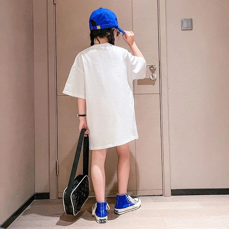 【110-170】 ゆったり アルファベット プリント 中長 半袖 夏 子供服 キッズ ジュニア 女の子 トップス Tシャツ カットソー