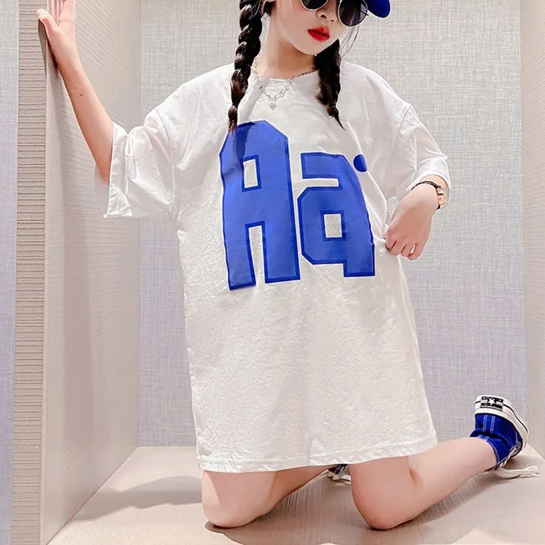 【110-170】 ゆったり アルファベット プリント 中長 半袖 夏 子供服 キッズ ジュニア 女の子 トップス Tシャツ カットソー