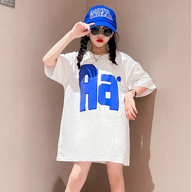 【110-170】 ゆったり アルファベット プリント 中長 半袖 夏 子供服 キッズ ジュニア 女の子 トップス Tシャツ カットソー