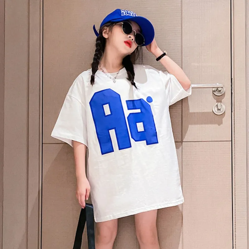 【110-170】 ゆったり アルファベット プリント 中長 半袖 夏 子供服 キッズ ジュニア 女の子 トップス Tシャツ カットソー