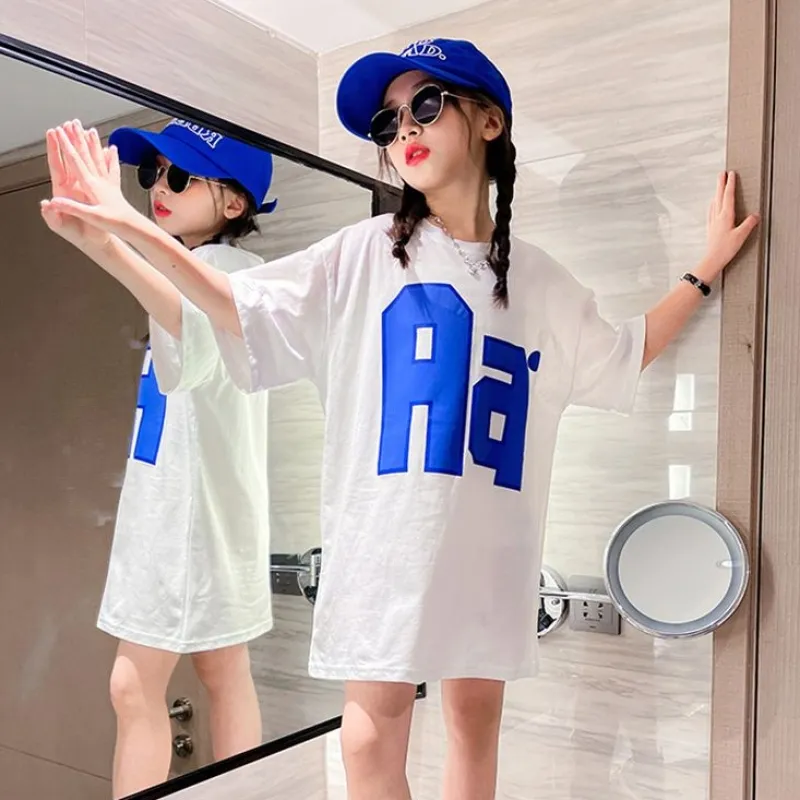 【110-170】 ゆったり アルファベット プリント 中長 半袖 夏 子供服 キッズ ジュニア 女の子 トップス Tシャツ カットソー