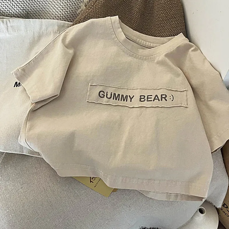【80-130cm】韓国ファッション アルファベット アップリケ 半袖 夏 子供服 キッズ トドラー 男女兼用 女の子 男の子 トップス Tシャツ カットソー