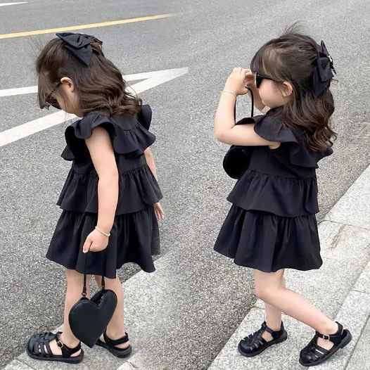 【90-140cm】気質アップ 可愛いデザイン 無地 スタンドネック フリル Aライン ワンピース