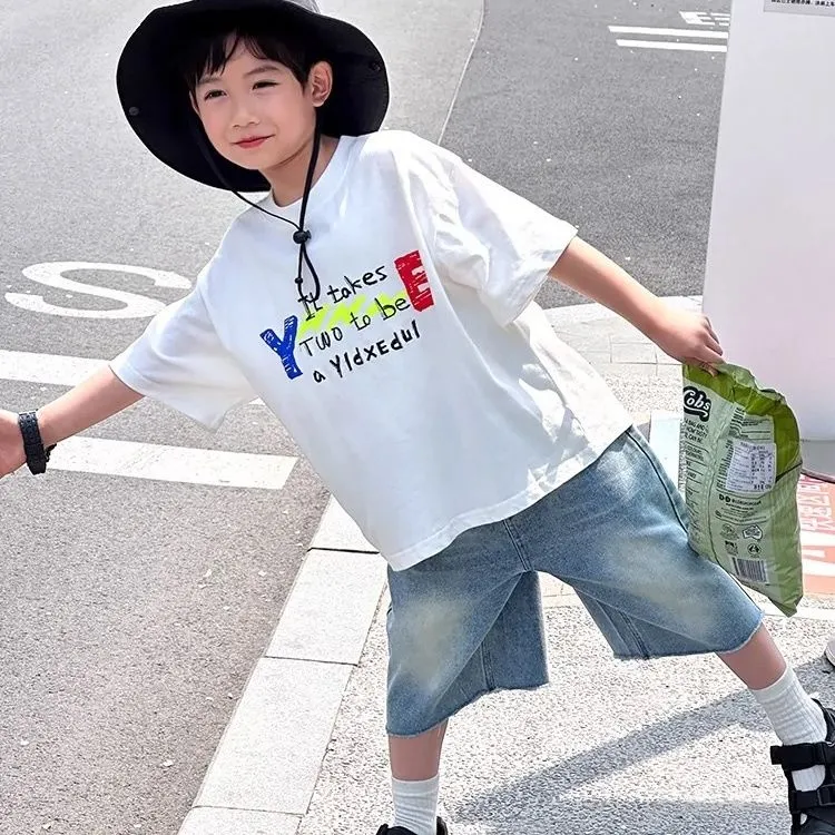 【100-160cm】今季大注目 心地よい カジュアル アルファベット 配色 半袖 コットン 男の子 Tシャツ トップス