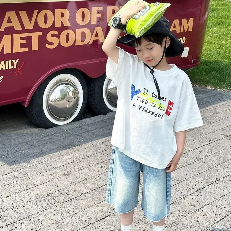 【100-160cm】今季大注目 心地よい カジュアル アルファベット 配色 半袖 コットン 男の子 Tシャツ トップス