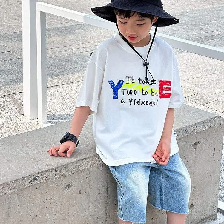 【100-160cm】今季大注目 心地よい カジュアル アルファベット 配色 半袖 コットン 男の子 Tシャツ トップス