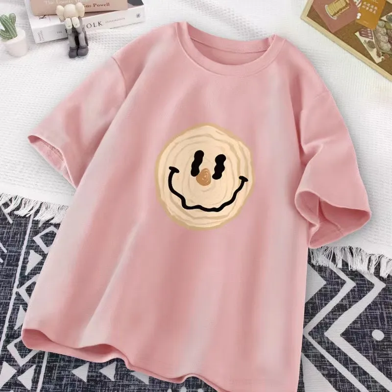 【100-160cm】 6色展開 レトロ カートゥーン 笑顔 キッズ ジュニア 男の子 女の子 男女兼用 夏 半袖 Tシャツ カットソー トップス