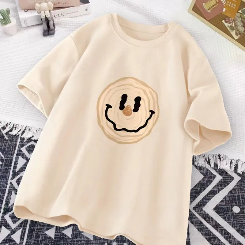 【100-160cm】 6色展開 レトロ カートゥーン 笑顔 キッズ ジュニア 男の子 女の子 男女兼用 夏 半袖 Tシャツ カットソー トップス