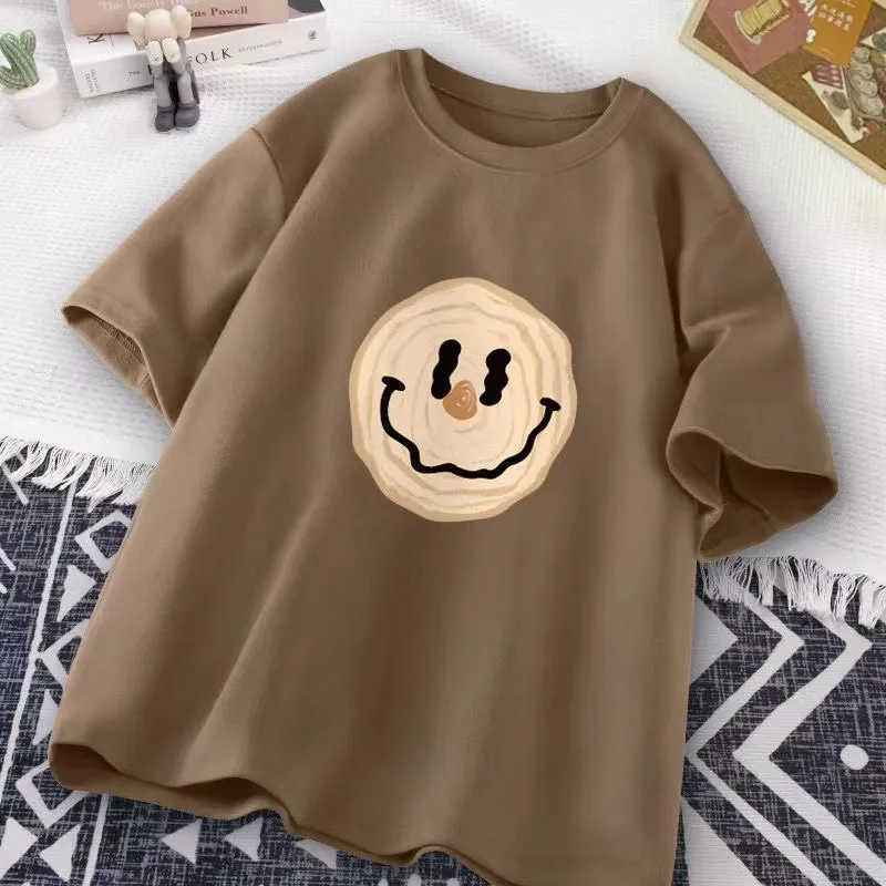 【100-160cm】 6色展開 レトロ カートゥーン 笑顔 キッズ ジュニア 男の子 女の子 男女兼用 夏 半袖 Tシャツ カットソー トップス