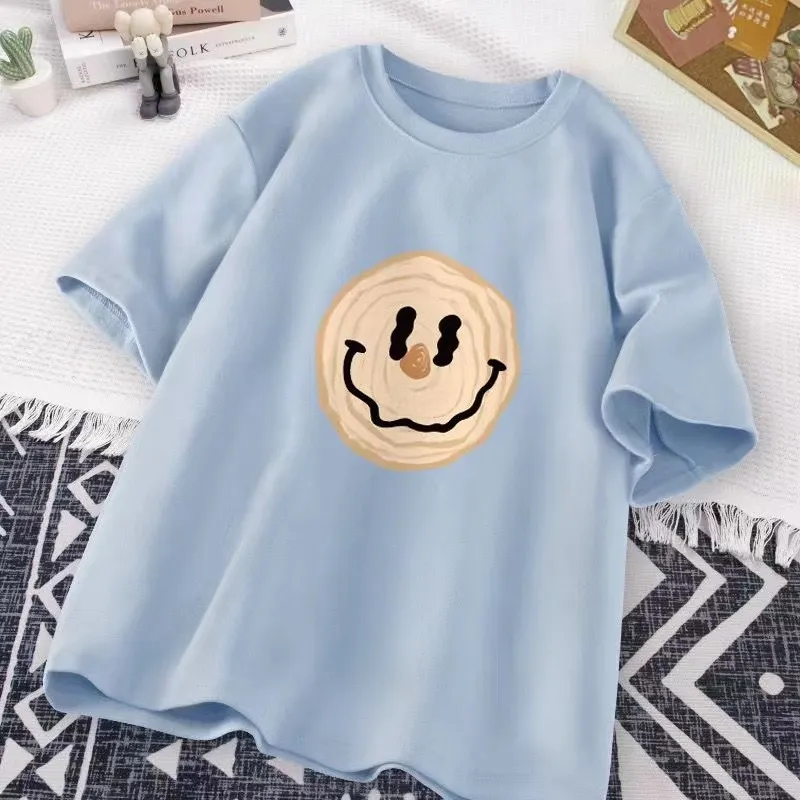 【100-160cm】 6色展開 レトロ カートゥーン 笑顔 キッズ ジュニア 男の子 女の子 男女兼用 夏 半袖 Tシャツ カットソー トップス