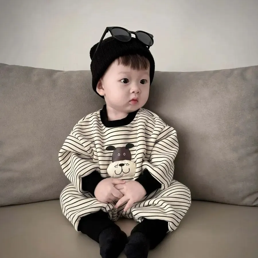 【66-100cm】絶対欲しい カジュアル 可愛い ボーダー カートゥーン トップス＋パンツ ベビー服 赤ちゃん 二点セット