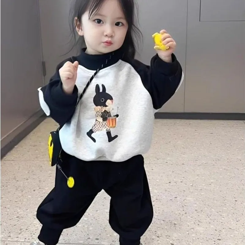 【80-140cm】セットでお得 新品殺到 超人気 配色 カートゥーン 切り替え 長袖 女の子 セットアップ