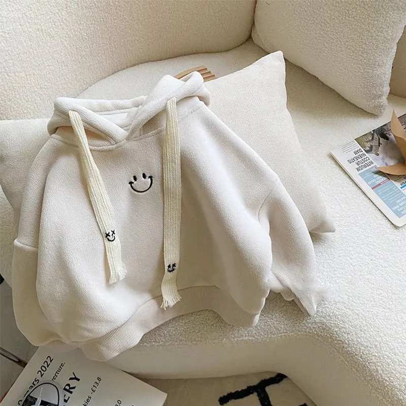 【80-130cm】二色選べ 秋冬新作 カジュアル フード付き スマイル 刺繍 長袖 裏起毛 厚手 男の子 女の子 パーカー トップス