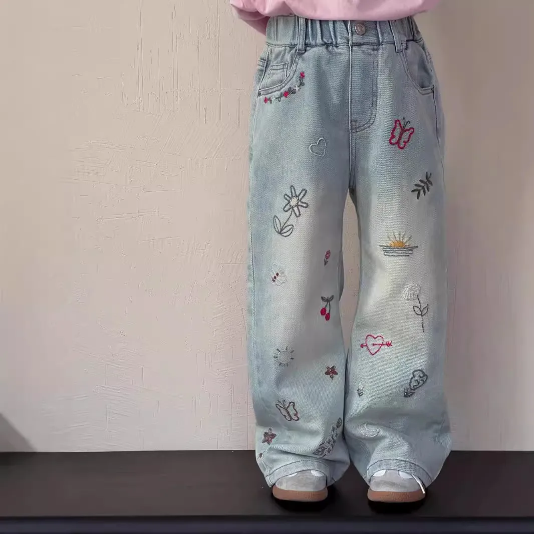 【80-140cm】新登場 SNSで話題沸騰 着回し力抜群 デニム 刺繍 女の子 ボトムス