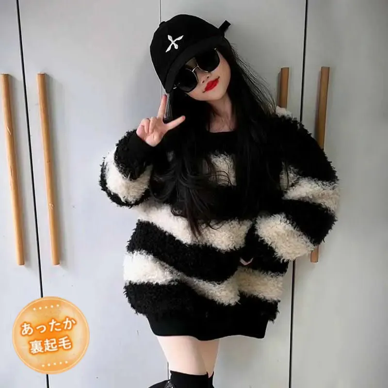 【120-170】もこもこ ins風 ファッション 配色 ボーダー ラウンドネック 女の子 トップス