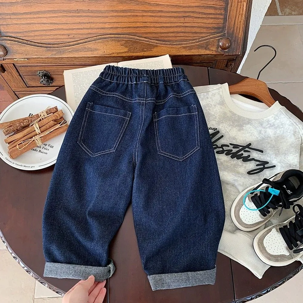 【90-140cm】肌触りよく カジュアル レトロ 韓国系 無地 子供服 春秋 男の子 デニム パンツ ボトムス