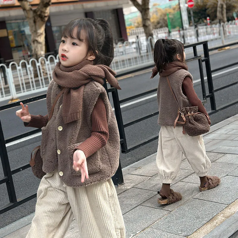 単品注文【100-160cm】二色選べ スウィート 森ガール かわいい 無地 ベスト＋パンツ 子供服 女の子 二点セットアップ