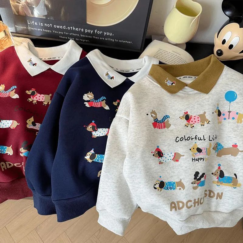 【100-170cm】三色選べ 秋冬新作 快適な肌触り カートゥーン プリント 折り襟 刺繡 裏起毛 女の子 男の子  パーカー トップス