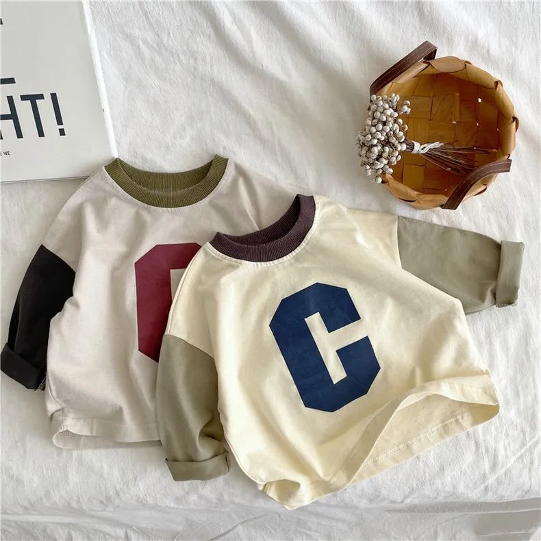 【80-130cm】2色選べる 着回し力抜群 レトロ 清新 キュート 配色 アルファベット 子供服 女の子 男の子 Tシャッツ トップス