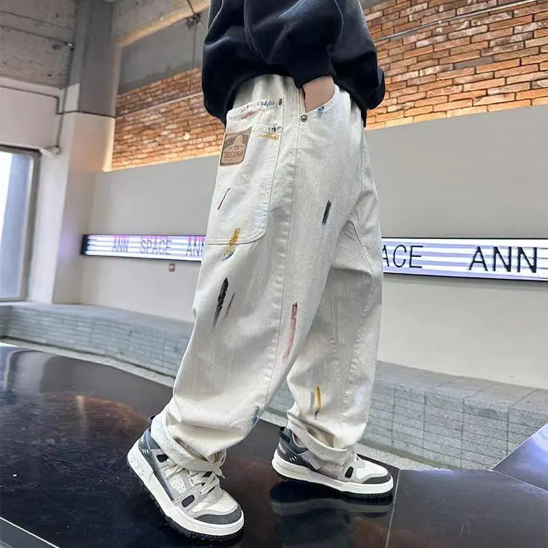 【110-160cm】着回し力抜群 ファッション カジュアル 配色 落書き キッズ 男の子 デニム パンツ ボトムス