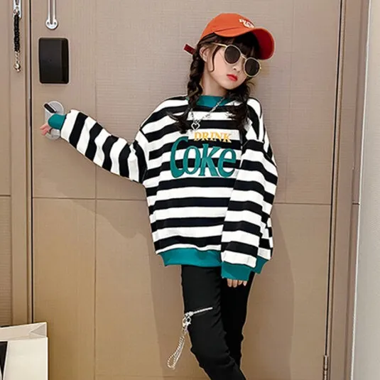 120-170 ファッション 裏起毛 秋 冬 子供服 キッズ ジュニア 女の子 配色 ボーダー アルファベット トップス トレーナー スウェット