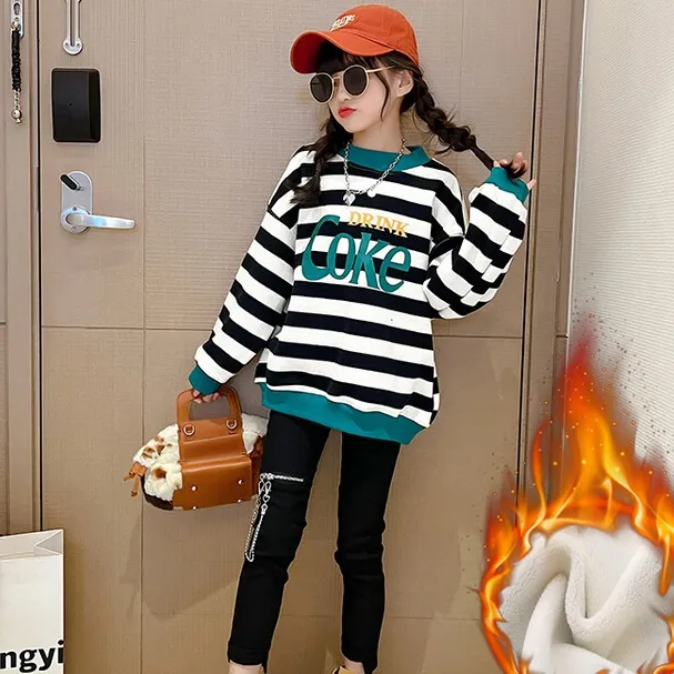 120-170 ファッション 裏起毛 秋 冬 子供服 キッズ ジュニア 女の子 配色 ボーダー アルファベット トップス トレーナー スウェット