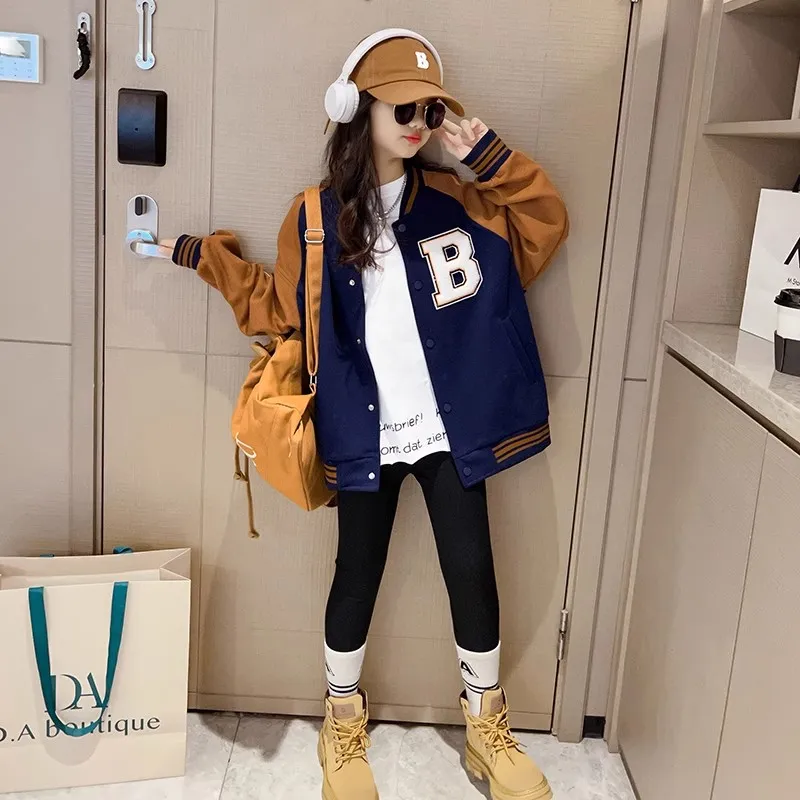 120-170 おしゃれ度高め 裏起毛 秋 冬 子供服 キッズ ジュニア 女の子 アルファベット アップリケ 配色 スタジャン アウター