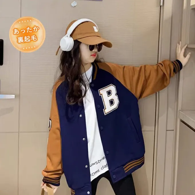 120-170 おしゃれ度高め 裏起毛 秋 冬 子供服 キッズ ジュニア 女の子 アルファベット アップリケ 配色 スタジャン アウター