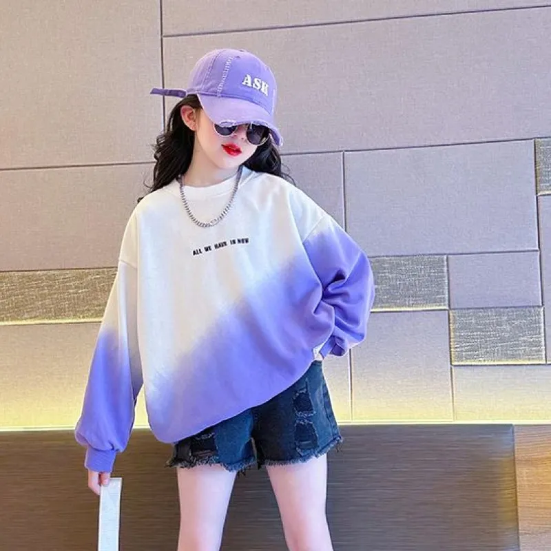 120-170 おしゃれ 薄手/裏起毛 秋 冬 子供服 キッズ ジュニア 女の子 グラデーション色 プリント トップス トレーナー スウェット