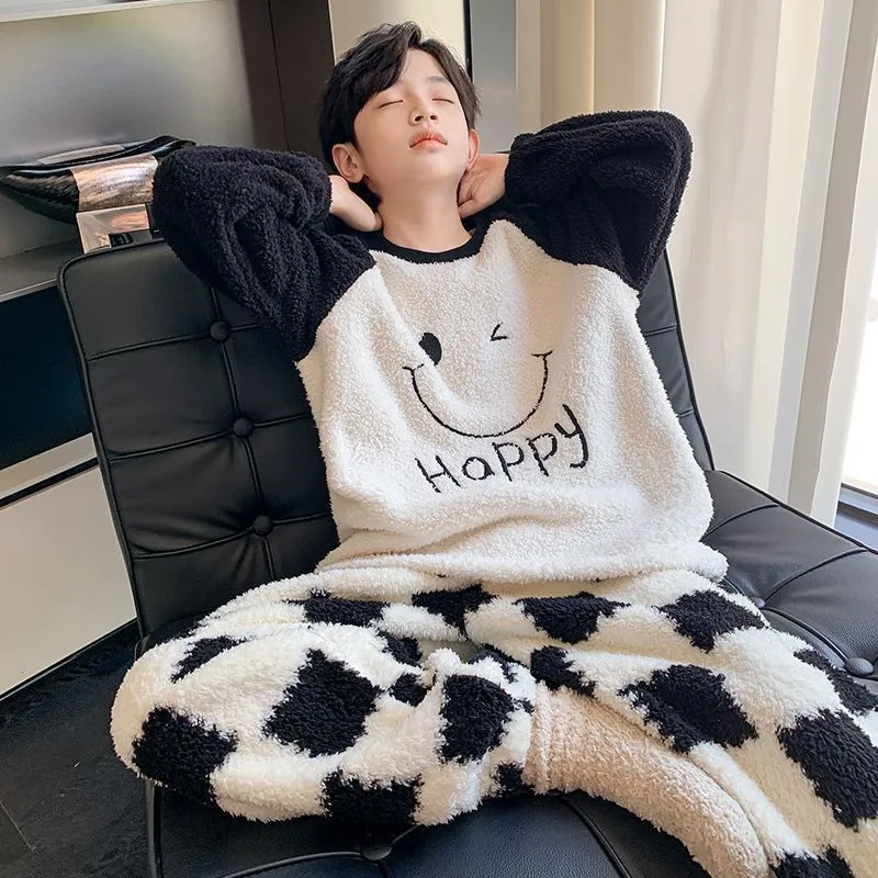 120-170 高見えデザイン 秋冬 男の子 子供服 キッズ ジュニア 暖かい 静電気軽減 もこもこ 配色 チェック柄 トップス+パンツ ボトムス セットアップ パジャマ