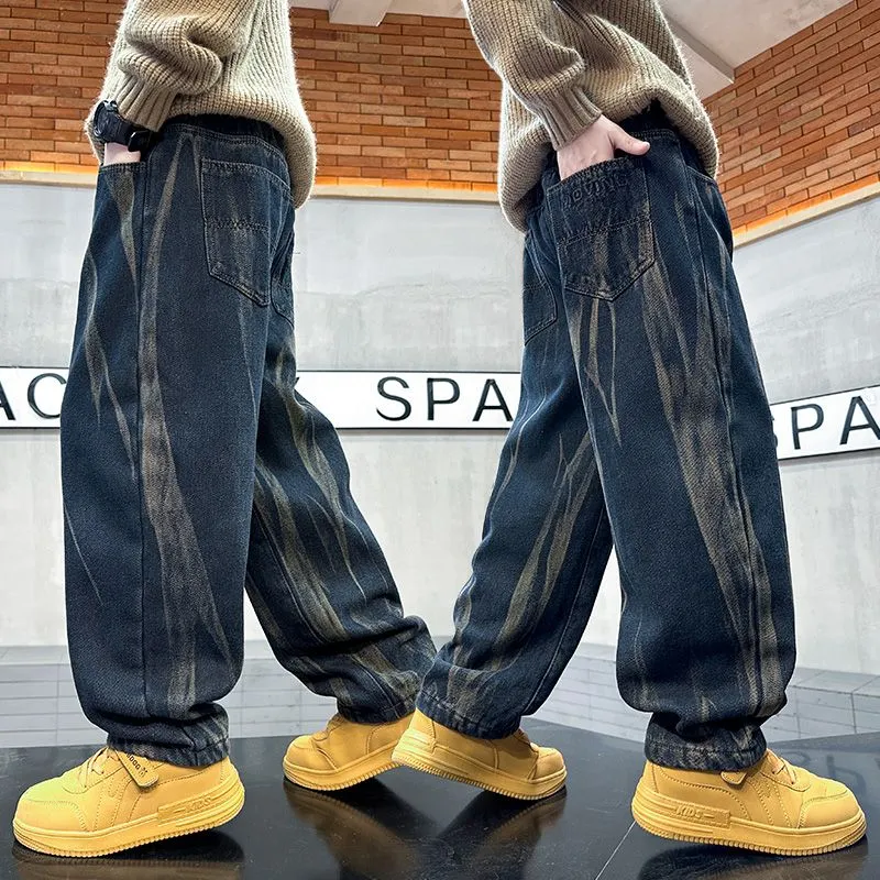 120-170 個性的なデザイン 秋冬 男の子 子供服 キッズ ジュニア 絞り染め 裏起毛 厚手 カジュアル ロング丈 ボトムス パンツ