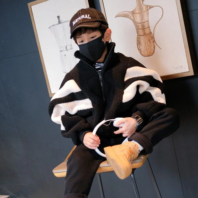 110-150 おしゃれ度高め 秋冬 男の子 子供服 キッズ ジュニア 幼児 トドラー ボーダー 裏起毛 厚手 配色 ジッパー トップス アウター