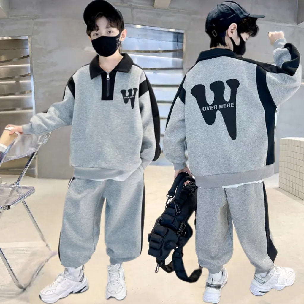 120-170 高級感 春秋 男の子 子供服 キッズ ジュニア 折り襟 アルファベット プリント 無地 トップス+パンツ ボトムス セットアップ