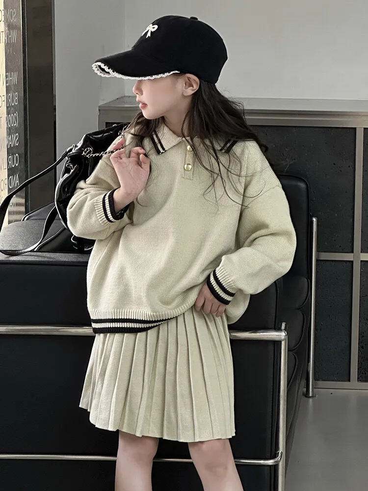 【120-170cm】二点セット シンプル おしゃれ poloネック ニット トップス+スカート セットアップ