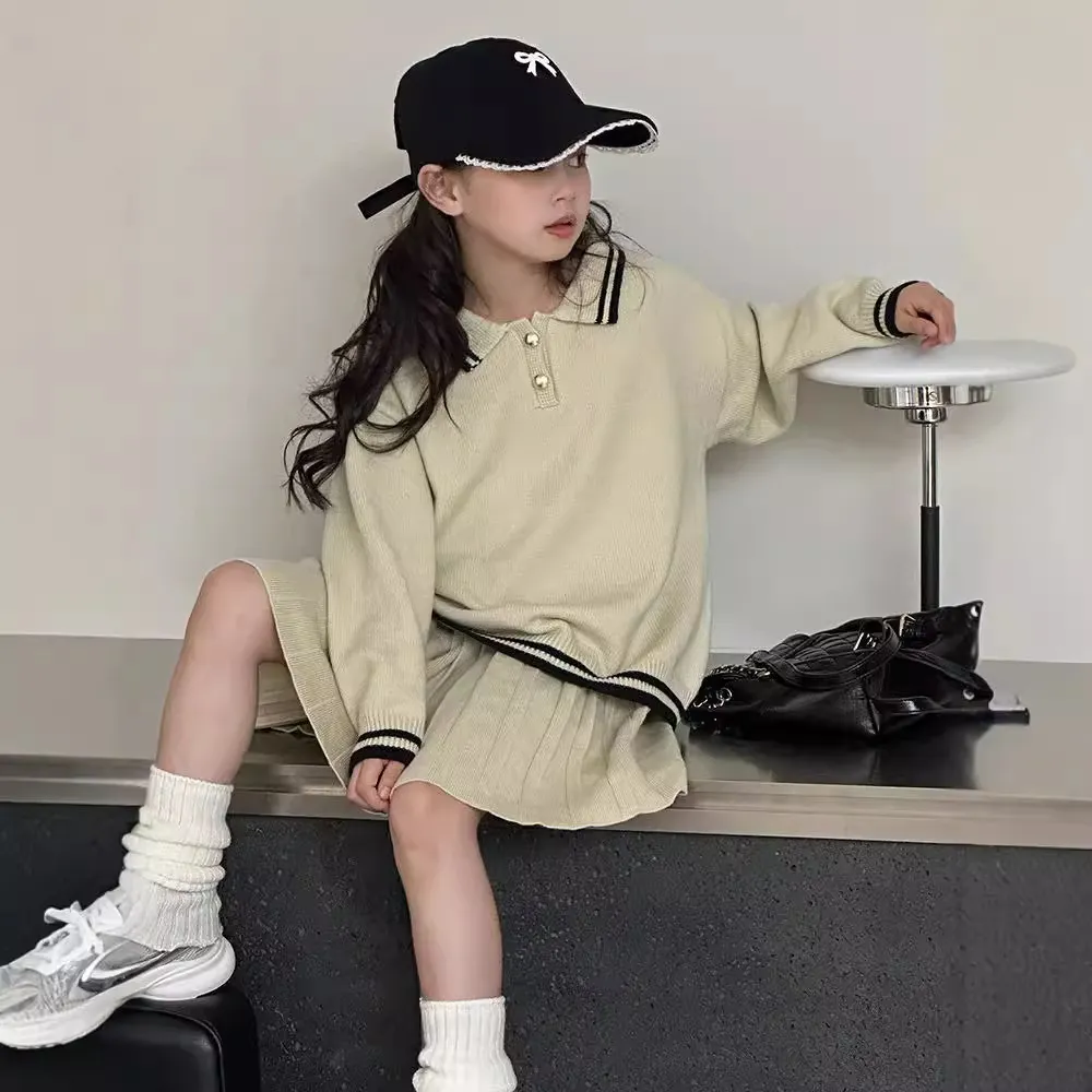 【120-170cm】二点セット シンプル おしゃれ poloネック ニット トップス+スカート セットアップ