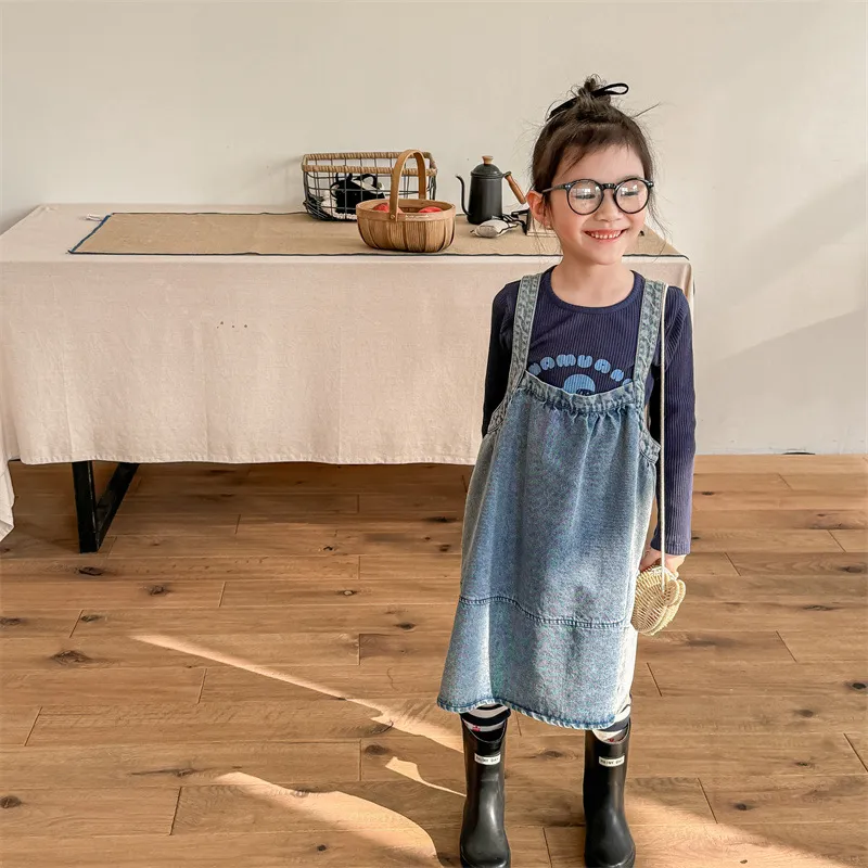 【80-130cm】お気に入り 可愛い 合わせやすい シンプル ナチュラル 女の子 デニム サスペンダースカート