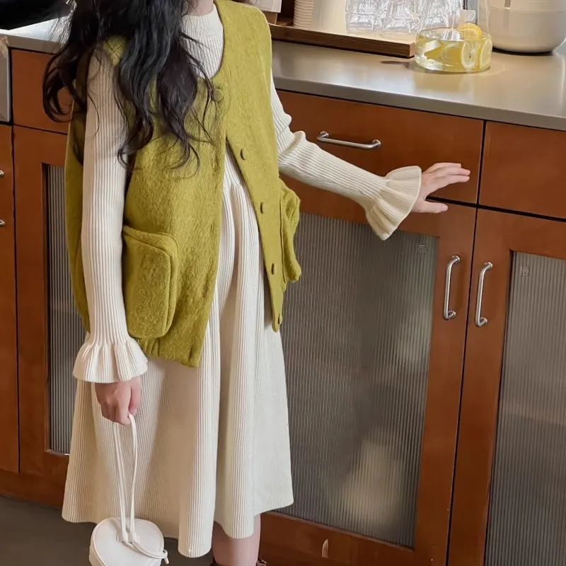 【110-160cm】大好評 シンプル 着心地良い 合わせやすい 女の子 着回し力抜群 ニット ワンピース