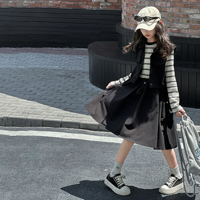 【120-170cm】二点セット きれいめ カジュアル キャンパス 女の子 ベスト＋ワンピース セットアップ