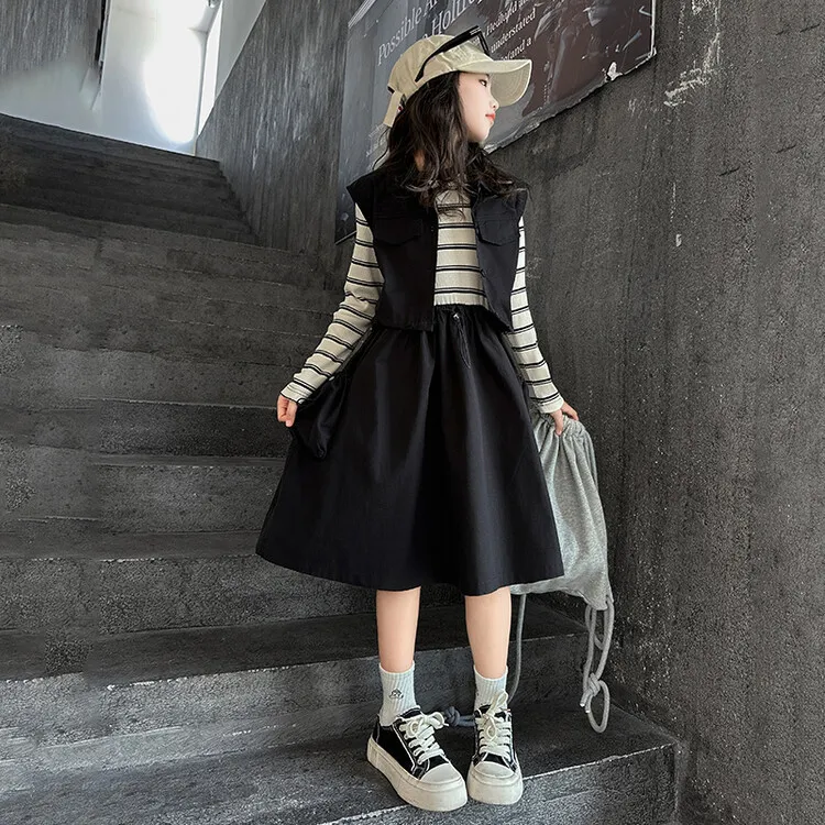 【120-170cm】二点セット きれいめ カジュアル キャンパス 女の子 ベスト＋ワンピース セットアップ