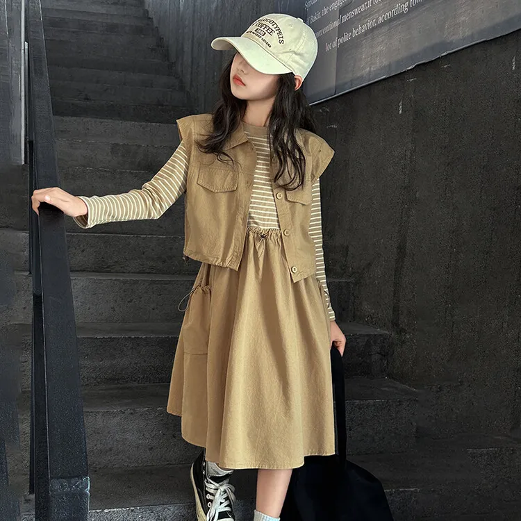 【120-170cm】二点セット きれいめ カジュアル キャンパス 女の子 ベスト＋ワンピース セットアップ